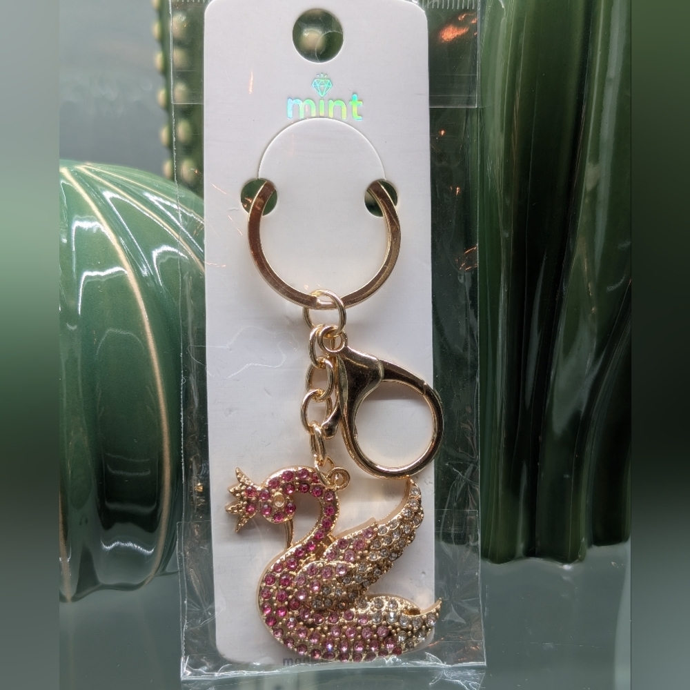 Mint Gold Swan Keychain/Bagcharm W/ Pink Rhinestones